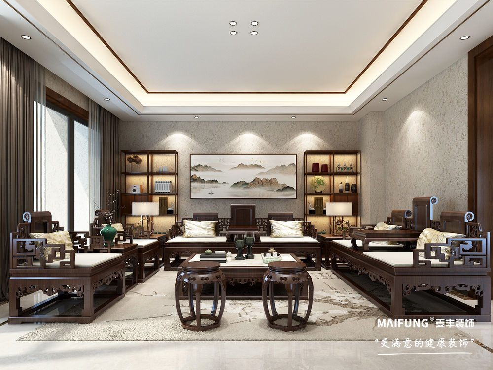 发背景墙 海尔波尔多小镇别墅中式风格装修实景图