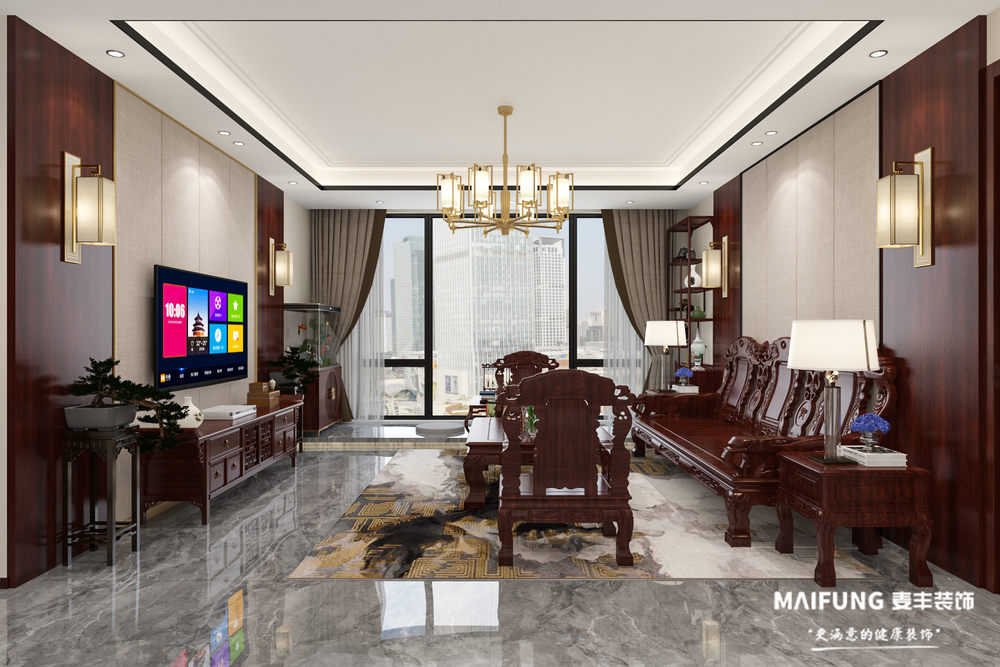 客厅全景.jpg 汇豪观邸四室新中式风格装修实景图.jpg
